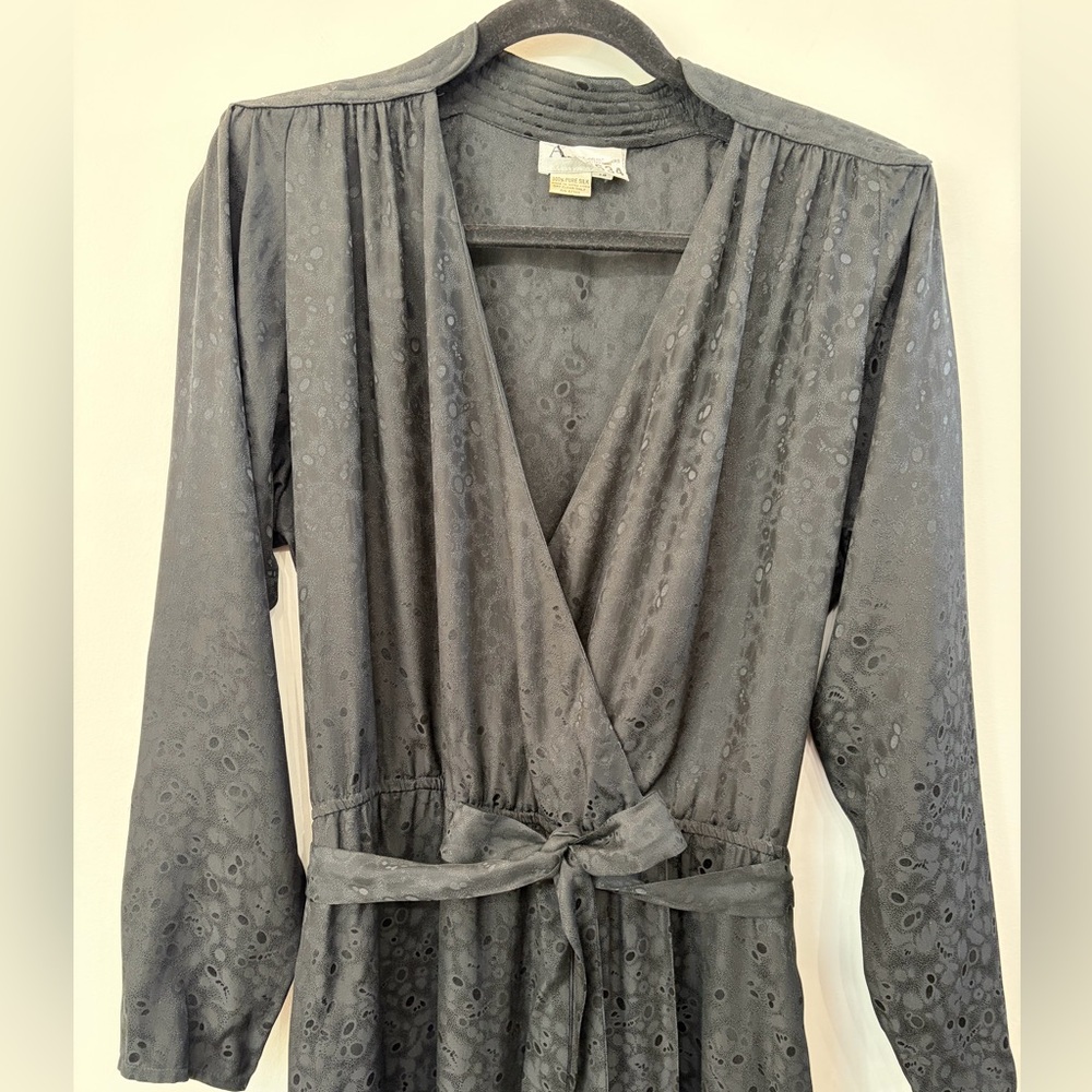 Vintage 80s 90s Argenti Silk Faux Wrap Dress Abstract Polka Dots Black Size 12